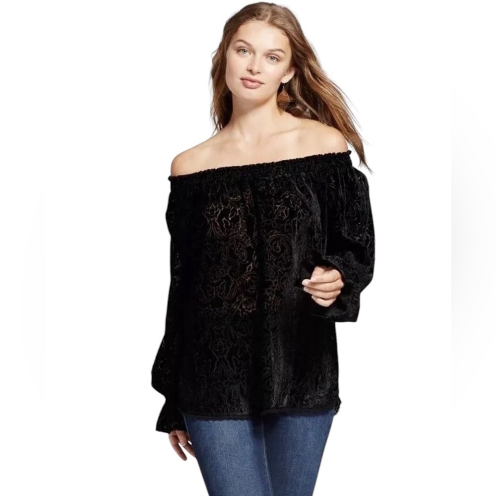 Knox Rose Black Velvet Burnout Blouse Long Sleeve with Ruffle Cuff Whimsigoth  M